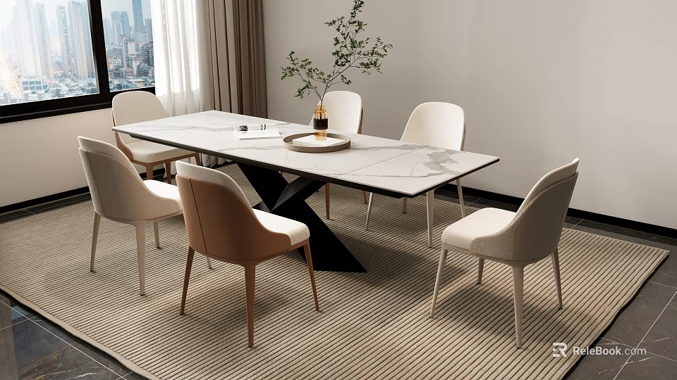 Modern Dining Table Set With Smooth Top And Six Beige Brown Chairs With Plant Decor By Window 3d model