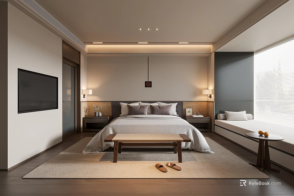 Hotel Guest Room With Modern Minimalist Design Bed Bench TV And Large Window 3d model 