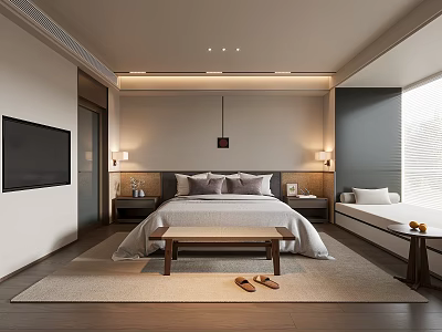 Hotel Guest Room With Modern Minimalist Design Bed Bench TV And Large Window 3d model