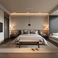 Hotel Guest Room With Modern Minimalist Design Bed Bench TV And Large Window