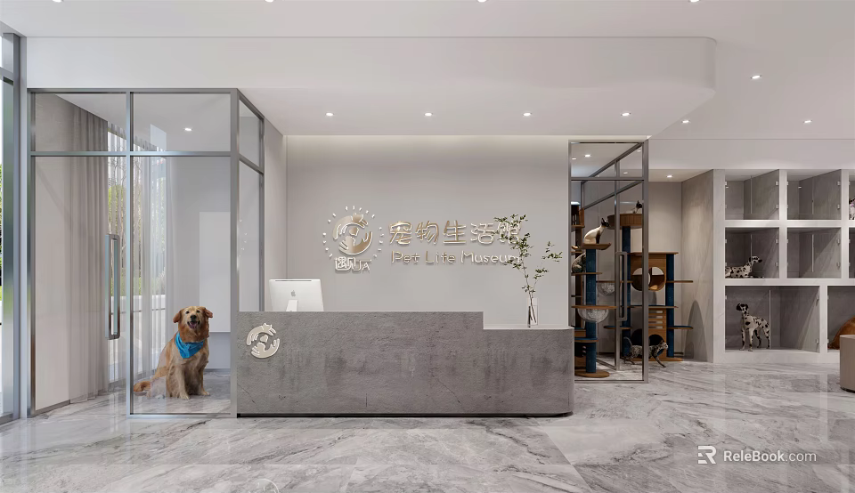 Modern Pet Life Shopping Mall Shop With Glass Partitions Dog Reception Desk And Marble Floor 3d model 