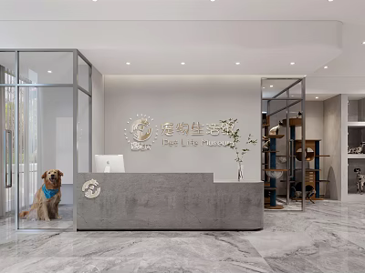 Modern Pet Life Shopping Mall Shop With Glass Partitions Dog Reception Desk And Marble Floor 3d model
