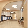 Kids Studio Interior With Cloud Shaped Lights Footprint Floor And Blue Reception Desk