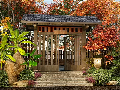Traditional Wooden Gate Entrance With Autumn Trees Green Plants And Stone Steps 3d model