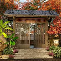 Traditional Wooden Gate Entrance With Autumn Trees Green Plants And Stone Steps
