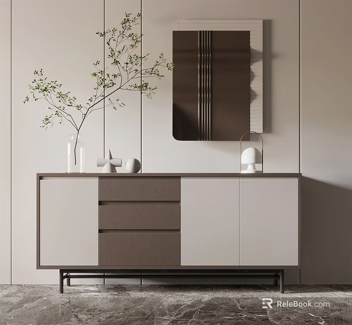 Modern Sideboard in Neutral Tones with Drawers Cabinets Green Plant in Vase and Mirror 3d model 