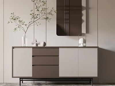 Modern Sideboard in Neutral Tones with Drawers Cabinets Green Plant in Vase and Mirror 3d model