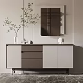 Modern Sideboard in Neutral Tones with Drawers Cabinets Green Plant in Vase and Mirror