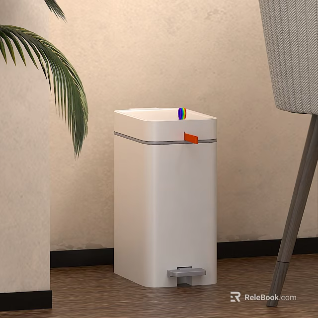 White Foot Operated Trash Can With Orange Button Near Plant And Chair 3d model 