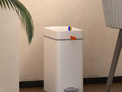 White Foot Operated Trash Can With Orange Button Near Plant And Chair 3d model