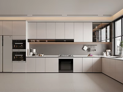 Modern Kitchen Interior Design With White Cabinets Built-in Appliances And Natural Light 3d model