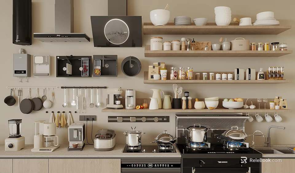 Modern Kitchen Shelf Display With Ceramic Tableware Set And Glass Storage Jars 3d model