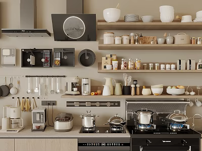 Modern Kitchen Shelf Display With Ceramic Tableware Set And Glass Storage Jars 3d model