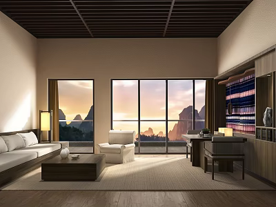 Warm Cozy Living Room With Large Floor Window Overlooking Beautiful Mountain Sunset Interior Design 3d model