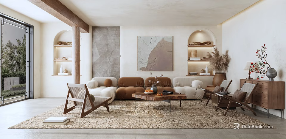 Warm Living Room With Wooden Frame Sofa Beige Carpet Abstract Painting Arched Shelves And Natural Light 3d model 