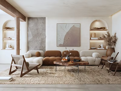 Warm Living Room With Wooden Frame Sofa Beige Carpet Abstract Painting Arched Shelves And Natural Light 3d model
