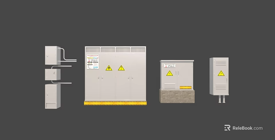 Industrial Control Cabinets With Warning Signs And Yellow Strips For Power Systems 3d model 