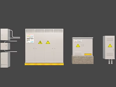 Industrial Control Cabinets With Warning Signs And Yellow Strips For Power Systems 3d model