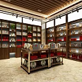 Tobacco and Alcohol Store Interior with Shelves Product Displays Two People and Green Plants
