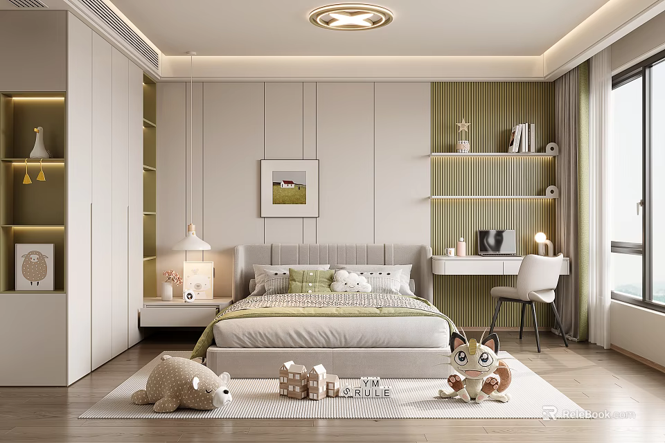 Cozy Kids Room Interior With Bed Bookshelf Desk Stuffed Toys And Rug 3d model 