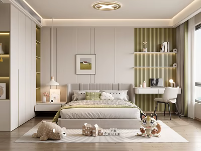 Cozy Kids Room Interior With Bed Bookshelf Desk Stuffed Toys And Rug 3d model