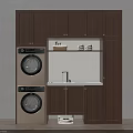 Brown Wooden Balcony Cabinet With Double Stacked Washing Machines And Countertop Storage