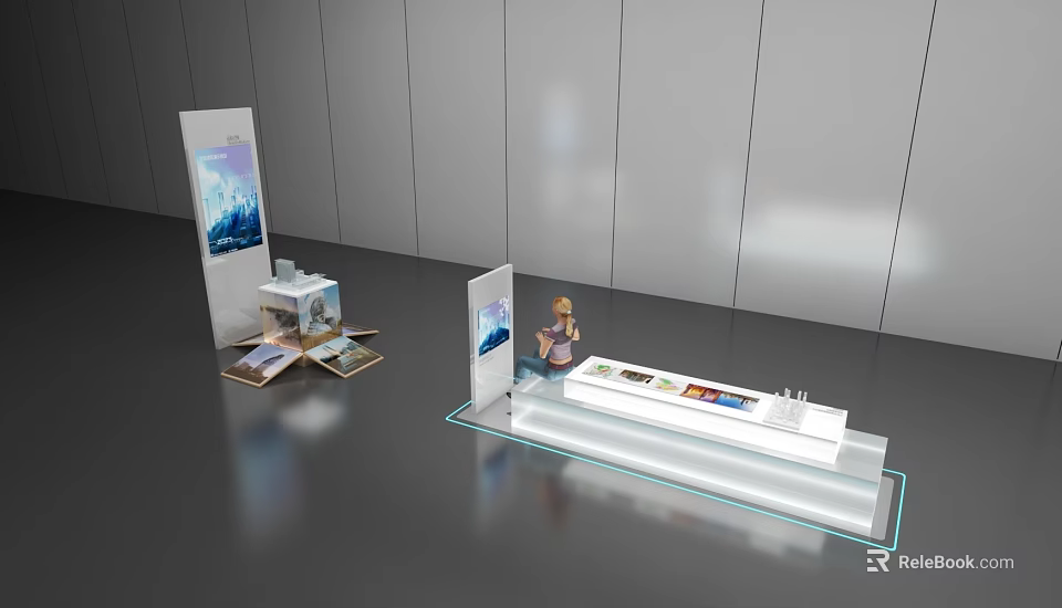 Modern Exhibition Display Setup With Stand Board And Person Viewing Exhibits 3d model 