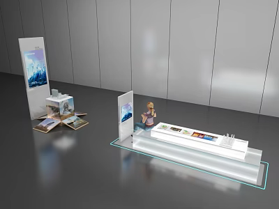 Modern Exhibition Display Setup With Stand Board And Person Viewing Exhibits 3d model