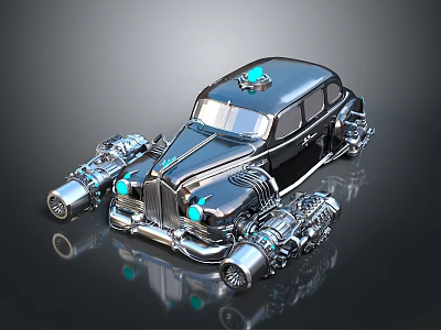 Retro Futuristic Custom Car With Blue Lights And Large Chrome Engines 3d model