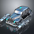 Retro Futuristic Custom Car With Blue Lights And Large Chrome Engines