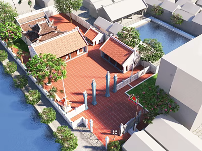 Ancient Architecture Courtyard With Red Tiled Roofs Stone Pillars And Surrounding Water Trees 3d model