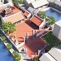 Ancient Architecture Courtyard With Red Tiled Roofs Stone Pillars And Surrounding Water Trees