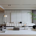 Modern Living Room Interior With White Sofa Wooden Ceiling Vertical Slat Wall And Green Plant