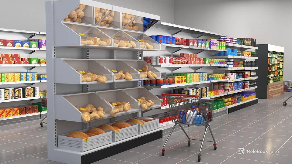 Supermarket Grocery Store Interior With Shelves Full Of Bread And Various Products And Shopping Cart 3d model 