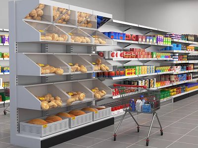 Supermarket Grocery Store Interior With Shelves Full Of Bread And Various Products And Shopping Cart 3d model