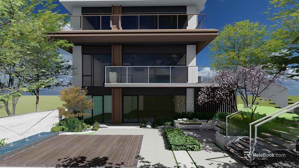 Modern Two Story Building Courtyard Garden Design With Wooden Deck Green Plants And Terraces 3d model 