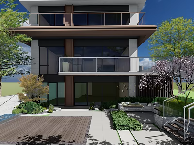 Modern Two Story Building Courtyard Garden Design With Wooden Deck Green Plants And Terraces 3d model