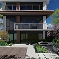 Modern Two Story Building Courtyard Garden Design With Wooden Deck Green Plants And Terraces