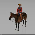 Cowboy In Red Shirt And Orange Hat Riding Brown Horse With Saddle And White Hooves