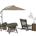 Garden Landscape Design With Outdoor Furniture Umbrella Green Plants And Wooden Elements