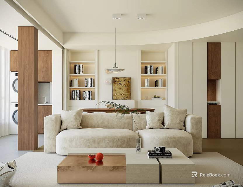 Modern Living Room Interior With Beige Sofa Wooden Shelves Artwork And Coffee Table 3d model 