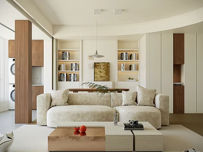 Modern Living Room Interior With Beige Sofa Wooden Shelves Artwork And Coffee Table 3d model