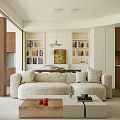 Modern Living Room Interior With Beige Sofa Wooden Shelves Artwork And Coffee Table