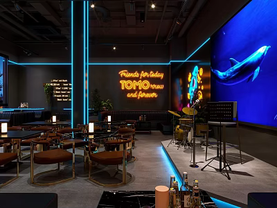 TOMO Friends Festival Bar Interior with Neon Lights Whale Screen Live Music and Dining Tables 3d model