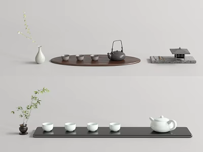 Elegant Ceramic Tea Set With Porcelain Teapot Teacups On Black Tray And Small Decorative Plant 3d model