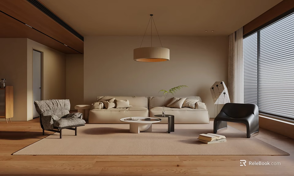 Modern Living Room Interior With Beige Sofa Black Armchair Round Coffee Table And Wooden Floor 3d model 
