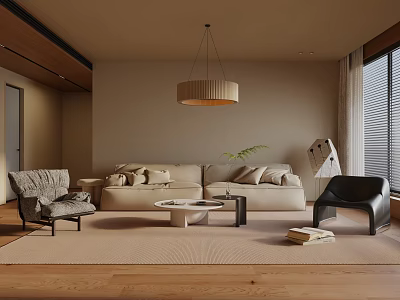 Modern Living Room Interior With Beige Sofa Black Armchair Round Coffee Table And Wooden Floor 3d model