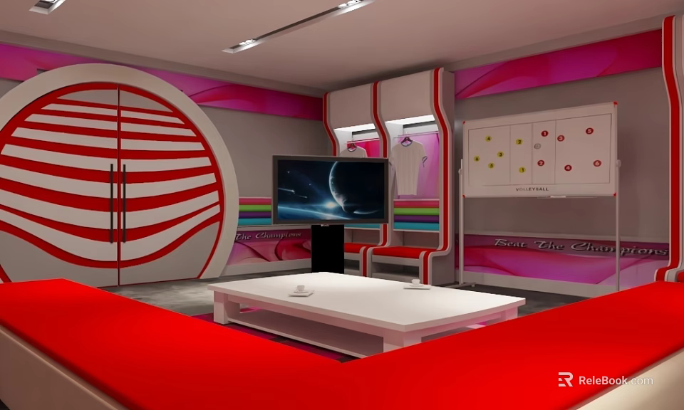 Heart Fitness Center Interior With Red White Decor Circular Red Striped Door And Lockers 3d model 