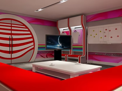 Heart Fitness Center Interior With Red White Decor Circular Red Striped Door And Lockers 3d model