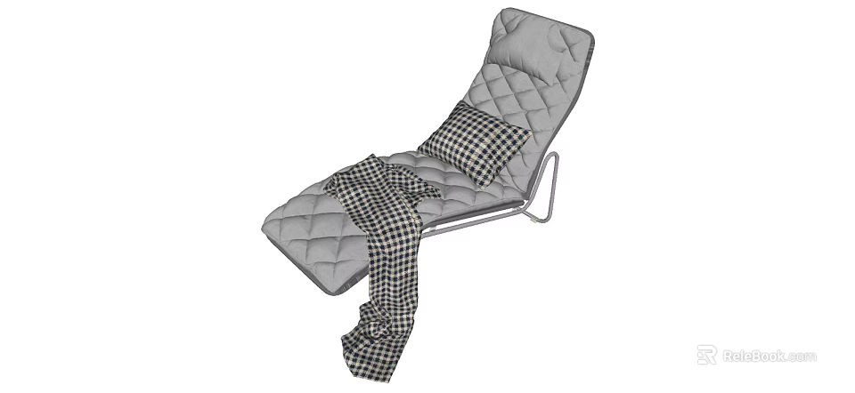 Soft Gray Quilted Lounge Chair With Plaid Cushion Blanket And Metal Frame 3d model 